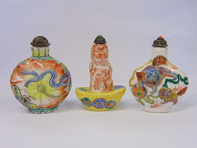 3 Chinese snuff bottles, one decorated with butterfly (signed), one figural foo dog snuff, signed & (1 of 9)