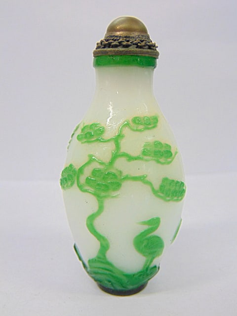 Chinese Peking overlay glass bottle, white milk glass with green glass overlay, bird, tree decorated: Chinese Peking overlay glass bottle, white milk glass with green glass overlay, bird, tree decorated
