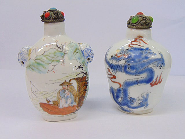 2 Chinese porcelain snuff bottles, decorated with dragons, figures fishing , with brass jeweled (1 of 4)