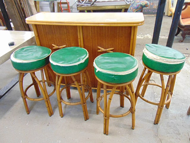 Bamboo tiki bar with 4 barstools, bar is 53.75" long, 17.75" deep, height is 40", stools are 30" (1 of 5)