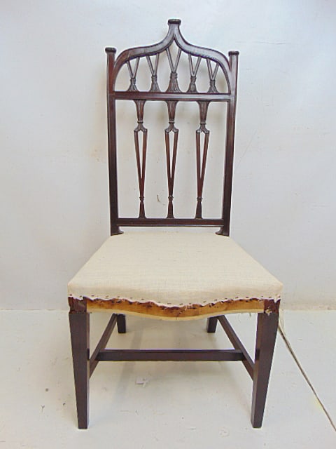 Sheraton mahogany chair, Gothic style, repair to back, partially restored, just needs upholstery on: Sheraton mahogany chair, Gothic style, repair to back, partially restored, just needs upholstery on seat