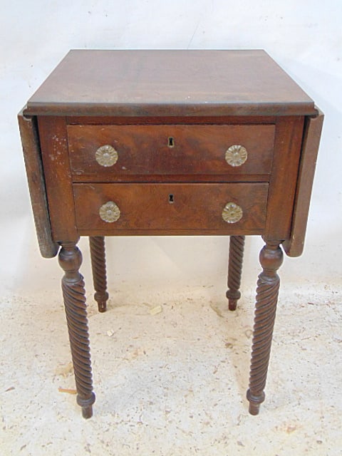 Two drawer empire mahogany work stand, drop leaf sides: Two drawer empire mahogany work stand, drop leaf sides