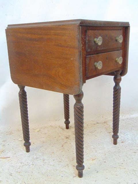 Two drawer empire mahogany work stand, drop leaf sides - 2