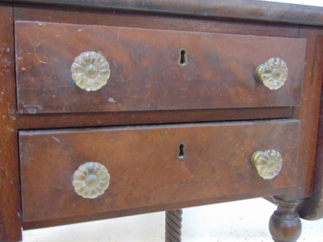 Two drawer empire mahogany work stand, drop leaf sides - 3