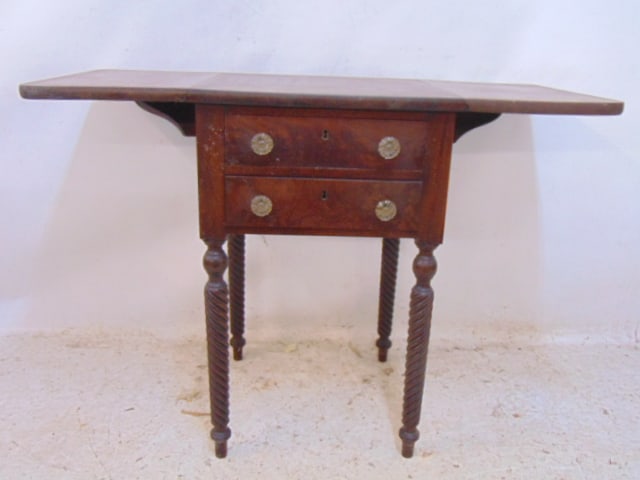 Two drawer empire mahogany work stand, drop leaf sides - 4