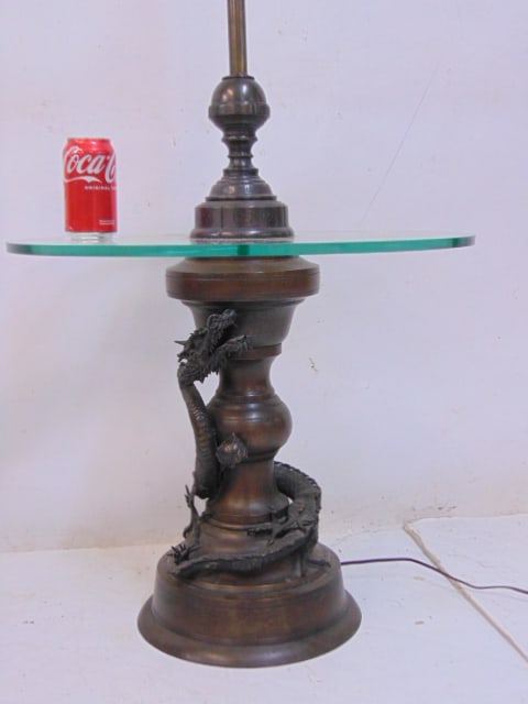 Bronze base Japanese lamp table with glass shelf, decorated with dragon, height is 55": Bronze base Japanese lamp table with glass shelf, decorated with dragon, height is 55"