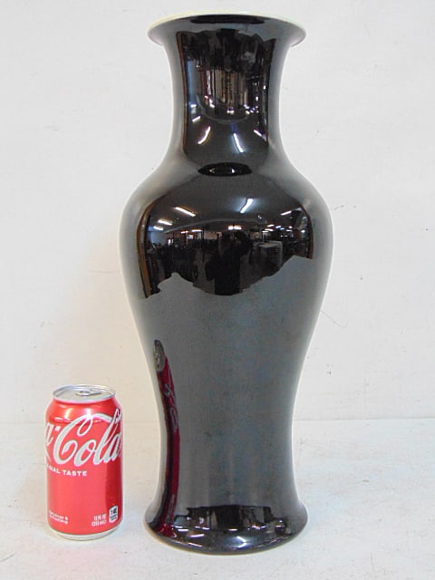 Chinese porcelain vase in black, signed, vase is drilled, comes with lamp parts, height is 17",: Chinese porcelain vase in black, signed, vase is drilled, comes with lamp parts, height is 17", "Made in China" label inside rim
