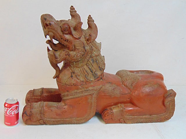 Large Chinese carved wood painted foo dog, 29 1/2" x 10" x 21 1/2" tall, has repair to head.: Large Chinese carved wood painted foo dog, 29 1/2" x 10" x 21 1/2" tall, has repair to head.