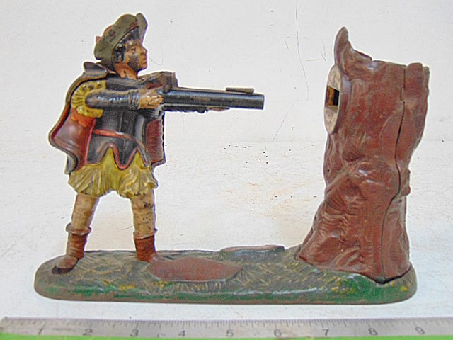 Cast iron mechanical William Tell bank, in original paint, 10" by 2.75", height is 6.5" (1 of 6)