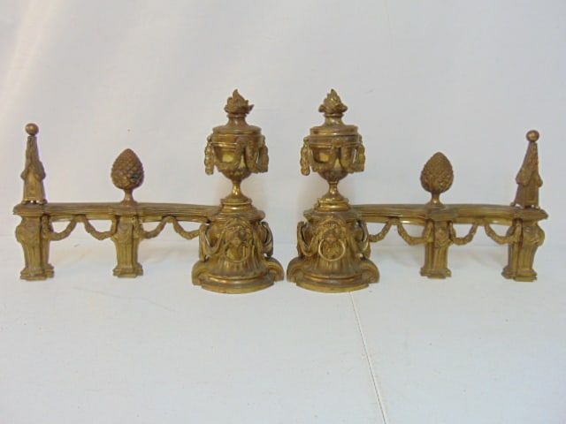 Pair bronze chevets with lion heads & pineapple finial, 15.5" tall, 21" wide.: Pair bronze chevets with lion heads & pineapple finial, 15.5" tall, 21" wide.