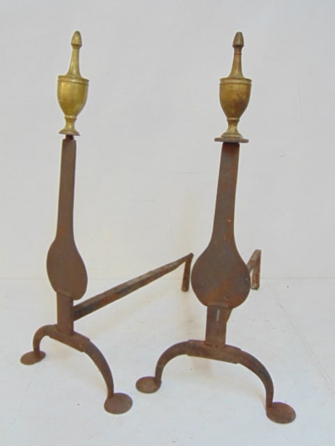 Pair period Queen Anne style wrought iron knife blade andirons with brass finials, 24.75" tall, 20": Pair period Queen Anne style wrought iron knife blade andirons with brass finials, 24.75" tall, 20" deep,