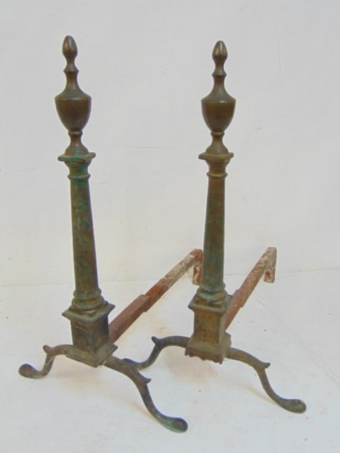 Pair antique brass & iron andiron, height is 20.25" (1 of 5)
