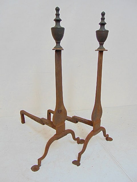 Pair antique Queen Anne style knife blade andirons with brass finials, height is 25.25": Pair antique Queen Anne style knife blade andirons with brass finials, height is 25.25"