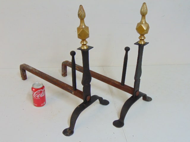 Pair iron andirons with brass finials, 21.25" tall: Pair iron andirons with brass finials, 21.25" tall