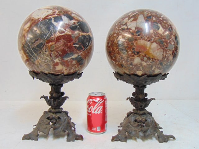 Pair decorative stone balls on bronze bases, height is 15", diameter balls is 8": Pair decorative stone balls on bronze bases, height is 15", diameter balls is 8"