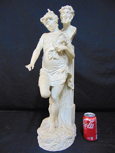 Large bisque statue, Satyr and Bacchante, needs cleaning, missing several fingers, height is 26": Large bisque statue, Satyr and Bacchante, needs cleaning, missing several fingers, height is 26"