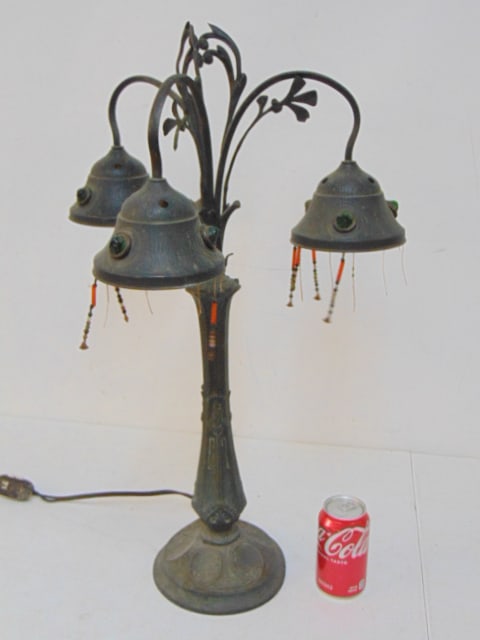 Austrian bronze table lamp with three arms, each socket holder is decorated with green stones,: Austrian bronze table lamp with three arms, each socket holder is decorated with green stones, "jewels", lamp is 27.5" tall