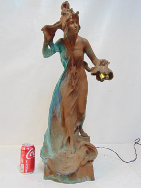 Spelter figural lamp in art nouveau style, height is 29": Spelter figural lamp in art nouveau style, height is 29"