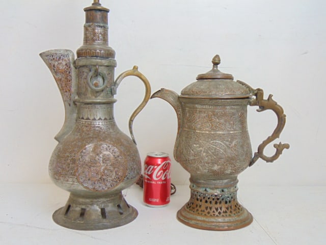 2 silver plated copper Kashmiri style water pitcher, worn, one lamped, height lamped urn is 21.25": 2 silver plated copper Kashmiri style water pitcher, worn, one lamped, height lamped urn is 21.25" (base to top socket), other one is 14"