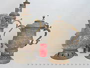 2 silver plated copper Kashmiri style water pitcher, worn, one lamped, height lamped urn is 21.25": 2 silver plated copper Kashmiri style water pitcher, worn, one lamped, height lamped urn is 21.25" (base to top socket), other one is 14"