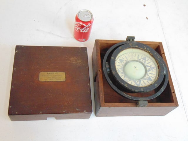 Trophy nautical compass, Ritchie, Boston, in original case, brass plaque on case reads "Beetle, (1 of 5)