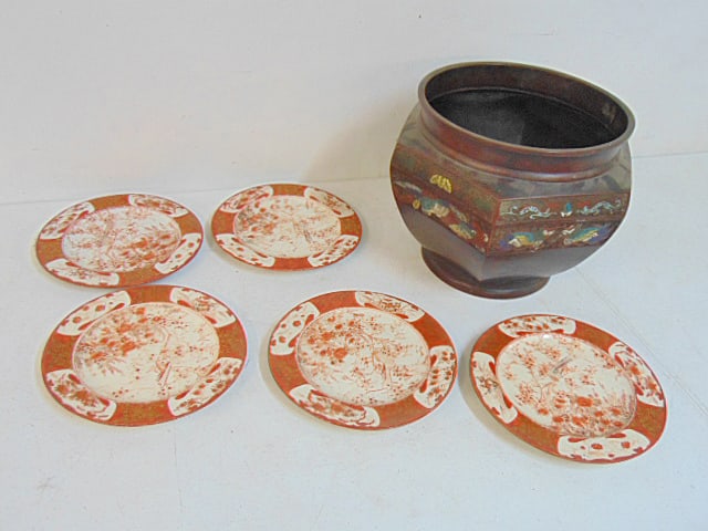 Set of 5 Chinese porcelain plates, signed & champleve jardiniere or planter, plates are 8.5" in: Set of 5 Chinese porcelain plates, signed & champleve jardiniere or planter, plates are 8.5" in diameter, birds & blossoms, scenes are faded, planter is 11.5" wide, height is 9.5"