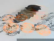 Set of 5 Chinese porcelain plates, signed & champleve jardiniere or planter, plates are 8.5" in: Set of 5 Chinese porcelain plates, signed & champleve jardiniere or planter, plates are 8.5" in diameter, birds & blossoms, scenes are faded, planter is 11.5" wide, height is 9.5"