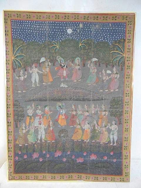 Indian Pichwai painting on cloth, various figures dancing under moonlight, 47" by 35": Indian Pichwai painting on cloth, various figures dancing under moonlight, 47" by 35"