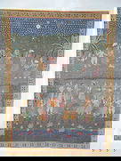 Indian Pichwai painting on cloth, various figures dancing under moonlight, 47" by 35": Indian Pichwai painting on cloth, various figures dancing under moonlight, 47" by 35"