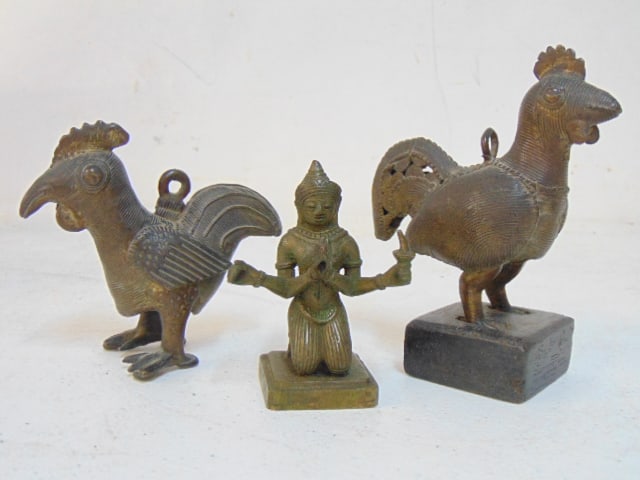 3 small bronzes, 2 African roosters, birds & Hindu figure, tallest bird is 5' tall: 3 small bronzes, 2 African roosters, birds & Hindu figure, tallest bird is 5' tall