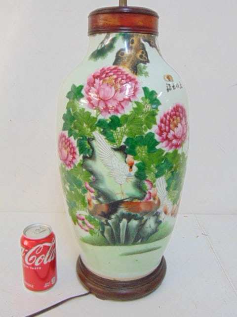 Chinese porcelain lamp base, vase, decorated with flowers, birds, signed, has been cut down, vase is: Chinese porcelain lamp base, vase, decorated with flowers, birds, signed, has been cut down, vase is 16.5" tall (porcelain only), total height is 24"