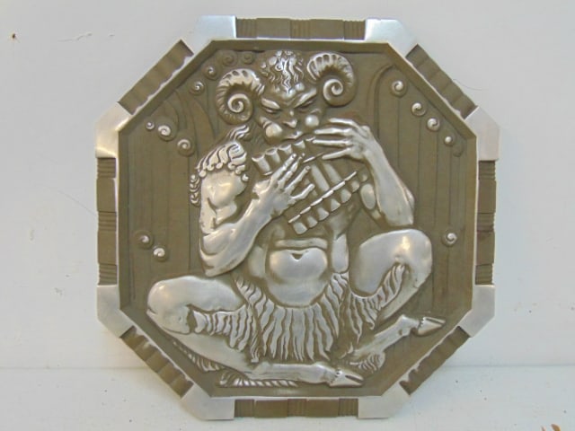 Art deco aluminum relief plaque, Satyr Playing Pipes, Rene Paul Chambellan, stamped on back, Alum.: Art deco aluminum relief plaque, Satyr Playing Pipes, Rene Paul Chambellan, stamped on back, Alum. Co of America, Plaque No 8, Lynite Alcoa. 43, 11.75" by 11.75"