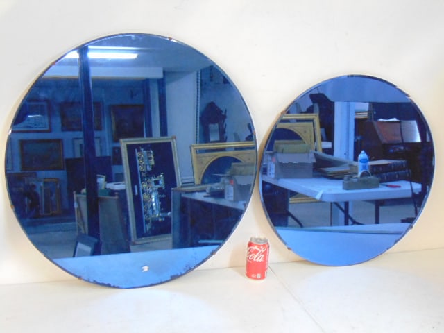 2 art deco round blue glass mirrors, 24" & 27.75" in diameter: 2 art deco round blue glass mirrors, 24" & 27.75" in diameter