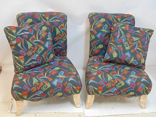 Pair upholstered Memphis style chairs, bleached wood legs, chairs are 30" by 27", height is 38": Pair upholstered Memphis style chairs, bleached wood legs, chairs are 30" by 27", height is 38"