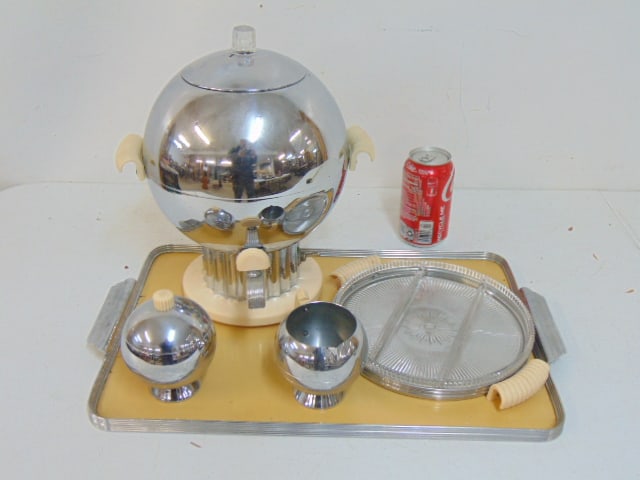 Art deco coffee set by Chase, coffee can, creamer & sugar on tray & glass lined dish, dish has (1 of 5)