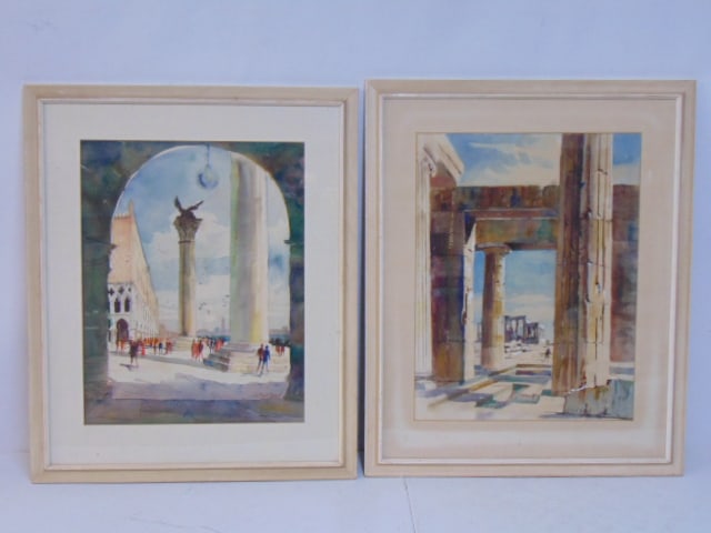 Pair paintings, Italian scenes with columns, signed Floyd Yewell, watercolors, 23.5" by 18" (32.5" (1 of 5)