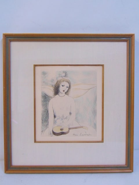 Etching, girl with musical instrument, signed Marie Laurencin, hand colored, 8.75" by 7.5", 16" by: Etching, girl with musical instrument, signed Marie Laurencin, hand colored, 8.75" by 7.5", 16" by 15" framed