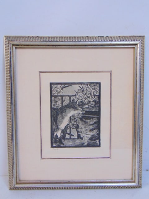 Etching, "Le Chat et les Fleurs", signed Manet (Edouard), 8.5" by 6.75", 15 7/8" by 14" framed (1 of 4)