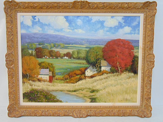 Painting, "Almost Autumn" signed D. Catrone, oil on canvas, landscape with trees, fields & pond,: Painting, "Almost Autumn" signed D. Catrone, oil on canvas, landscape with trees, fields & pond, 29.75" by 40", framed size is 38.25" by 48.75"
