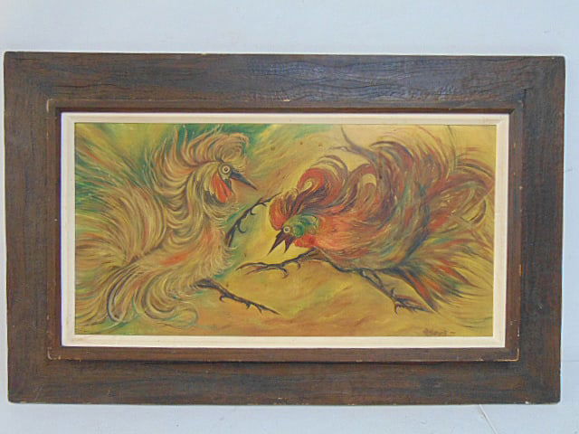 Painting, "Cock Fight", signed Jr. Nicotina Jr., oil on wood panel, painting is 14.75" by 28.5", (1 of 6)