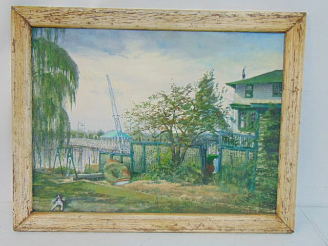 Painting, House by bridge to City Island, Bronx, signed M. Whitcombe 1975, oil on canvas board, 18" (1 of 5)