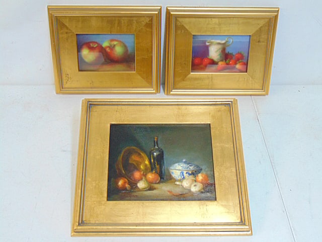 3 paintings, still-life with fruit, Mireille Dushesne, includes pair small still lives, 10.25" by 12 (1 of 6)