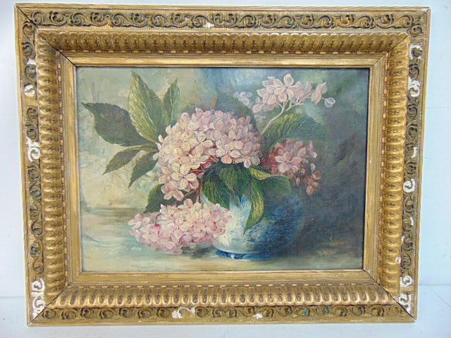 Painting, still life flowers in vase, unsigned, oil on canvas, 19th Century, 13.25" by 18", framed: Painting, still life flowers in vase, unsigned, oil on canvas, 19th Century, 13.25" by 18", framed size is 19.75" by 24 5/8"