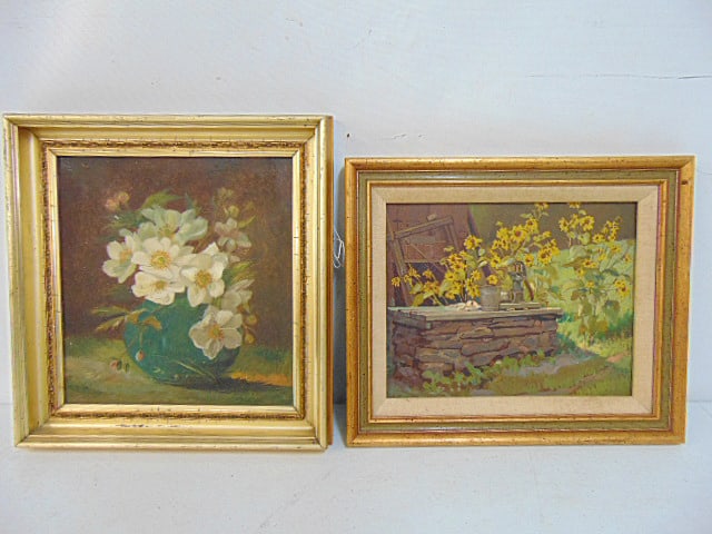 2 paintings, flowers in vase & flowers by water pump, both unsigned, 12.25" by 11.75" & 10.75" by: 2 paintings, flowers in vase & flowers by water pump, both unsigned, 12.25" by 11.75" & 10.75" by 12.75" (framed size given)