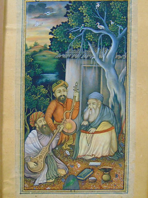 Small Indian Mughal style miniature painting, 4.75" by 3", laid down on larger board 9.5" by 6.25" (1 of 4)