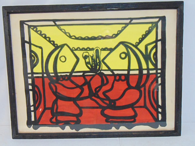 Painting, two figures by a table, signed A (Amelia) Pelaez, 1959, watercolor in red, yellow and: Painting, two figures by a table, signed A (Amelia) Pelaez, 1959, watercolor in red, yellow and black, 29.5" by 39", has stained bottom margin, about 1" wide (see last image)