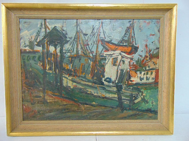 Painting, fishing boat in dry dock, signed illegibly (D. Tie..??), oil on canvas, 18" by 24", framed (1 of 4)