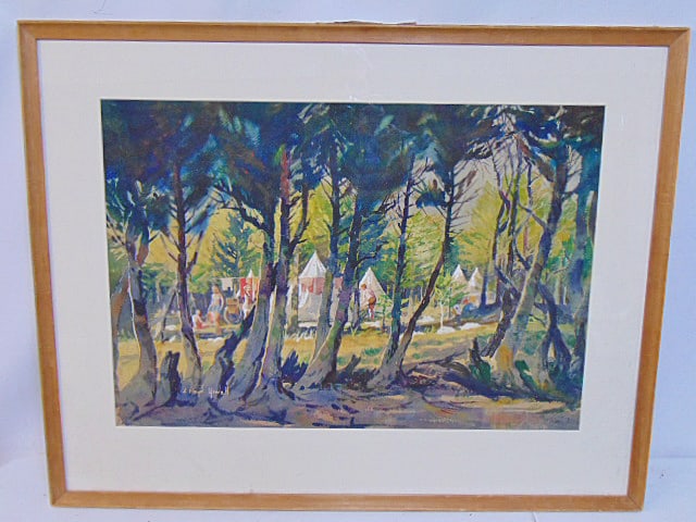 Painting, campground with tents in woods, signed Floyd Yewell, watercolor, 20" by 29", framed size (1 of 5)