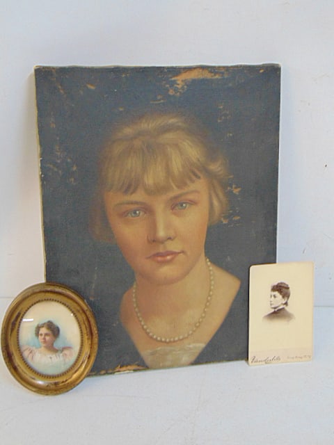 3 portraits, portrait young lady, oil on canvas, unsigned, 18" by 14"; oval miniature portrait, (1 of 5)