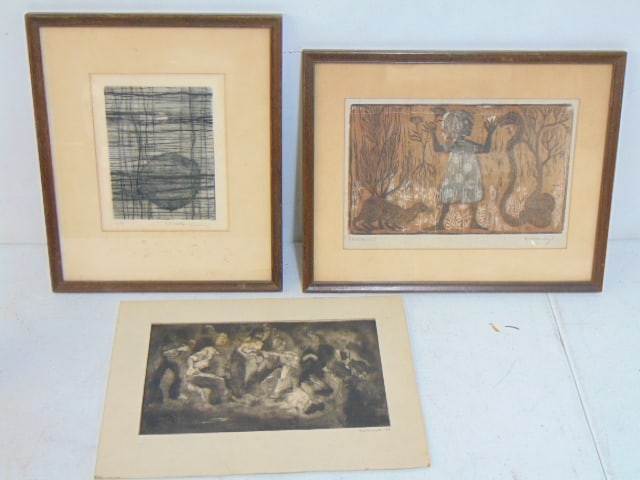 Art lot, 2 etchings print, "Exorcist" signed Helen Lyle (??), 10.75" by 13.5", figures playing (1 of 9)